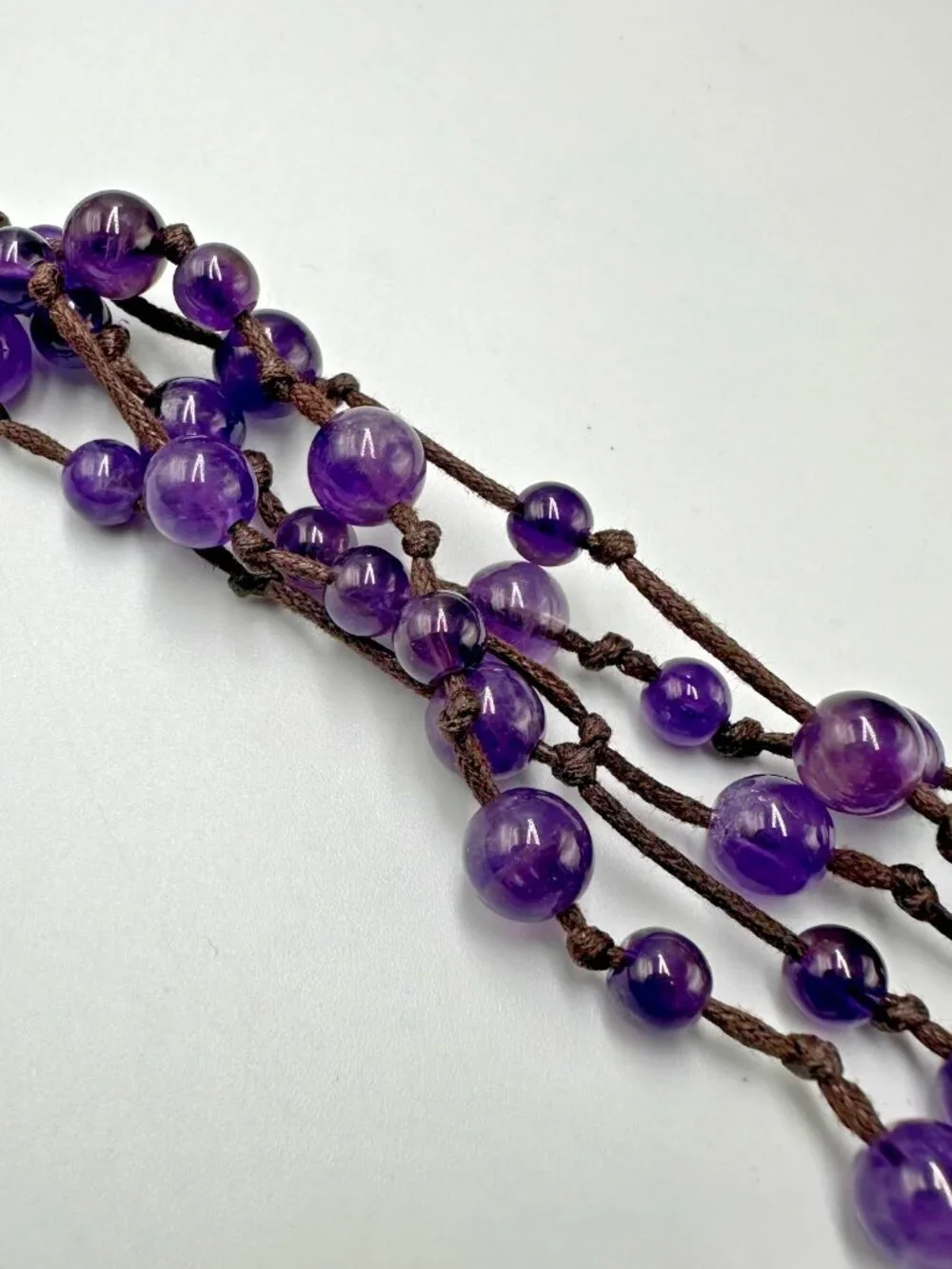 Amethyst Beaded Bracelet Sterling Silver Heart Clasp Brown Cord Bohemian 6